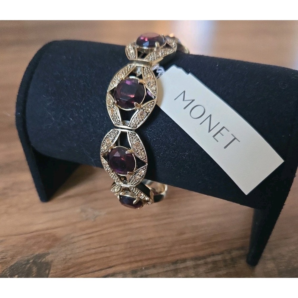 2007 Monet Expandable Gold Tone Faux Amythest Ornate Bracelet Estate NWT